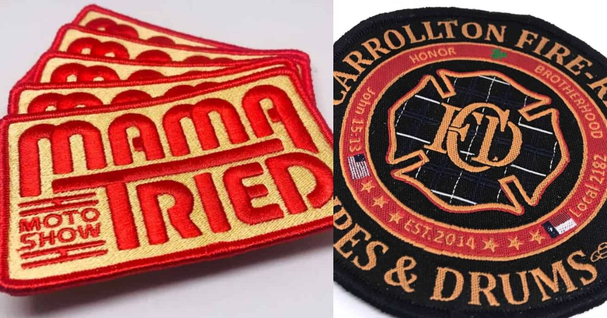 picture collage of satin embroidered patch in red thread with merrowed mama tried on left frame; right frame shows close up look of round black woven patch with overlock edge 