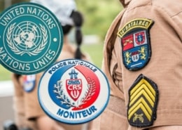 custom made pvc rubber monograms on the left side; a uniform wearing polices officer on right shows custom labels on his left shoulder