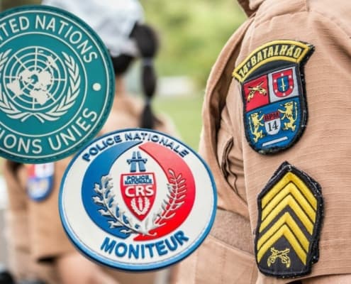 custom made pvc rubber monograms on the left side; a uniform wearing polices officer on right shows custom labels on his left shoulder