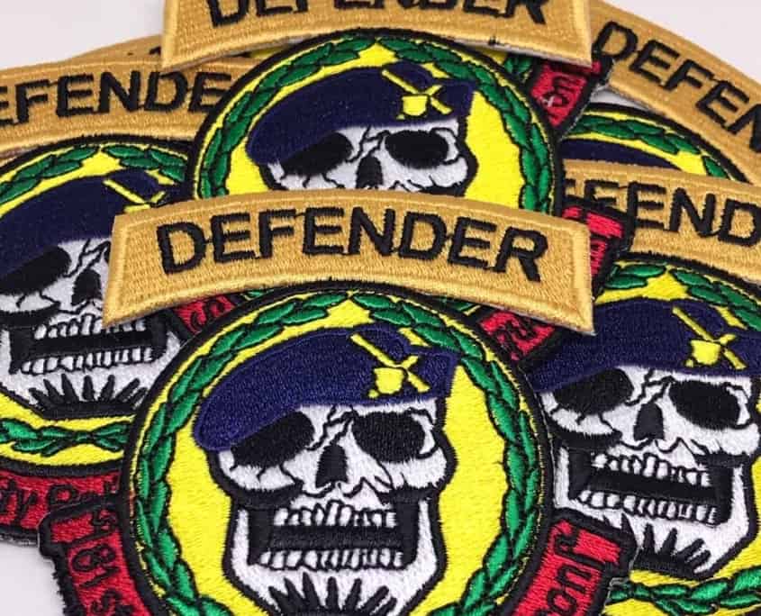 skull security patches for force, 81sth squadron police as DEFENDER rocker on the top in black and gold yellow fill stitch backed