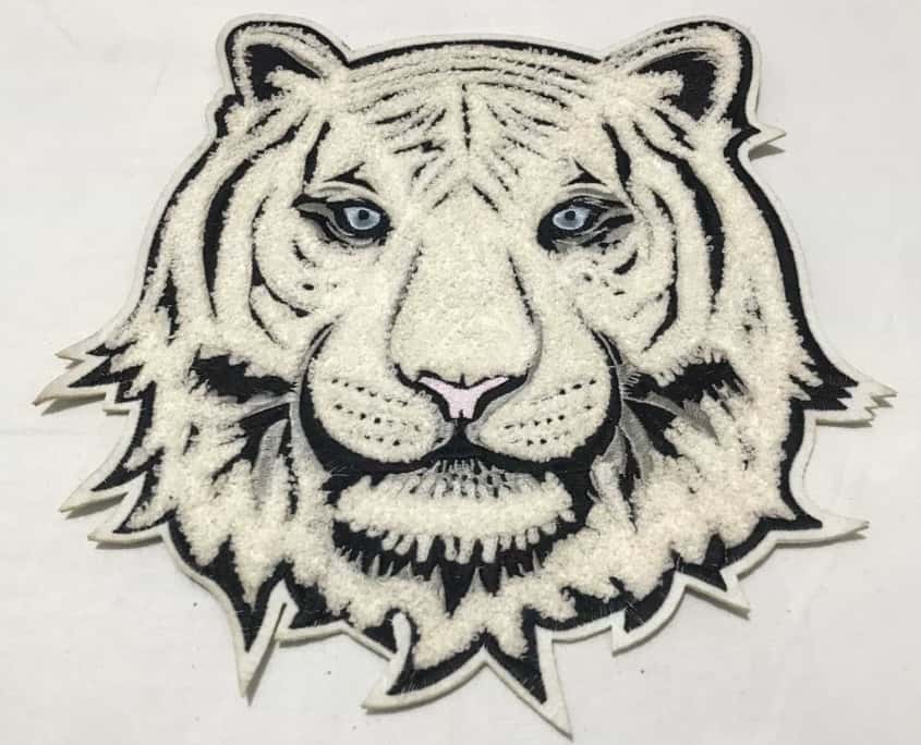 white tiger face chenille filled chain stitched embroidery mascot patch in big size for a hoody jacket back