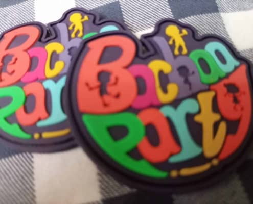 multi color rubber patches text saying bacha party