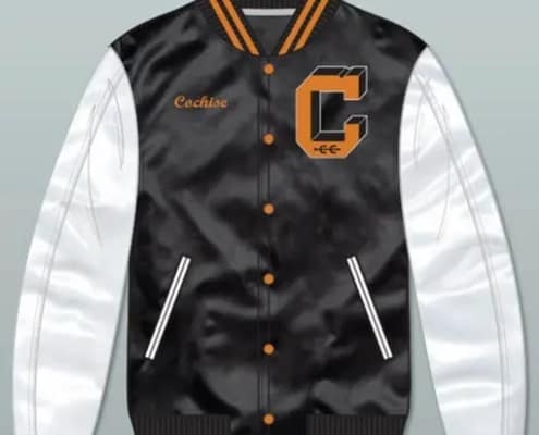 a font view of varsity jacke in black and orange stripes; white sleeves and letter C on left chest