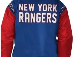 man shows up back of blue center and red sleeved lettermen jacket with text saying NEW YORK RANGERS