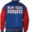 man shows up back of blue center and red sleeved lettermen jacket with text saying NEW YORK RANGERS