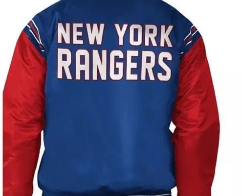 man shows up back of blue center and red sleeved lettermen jacket with text saying NEW YORK RANGERS