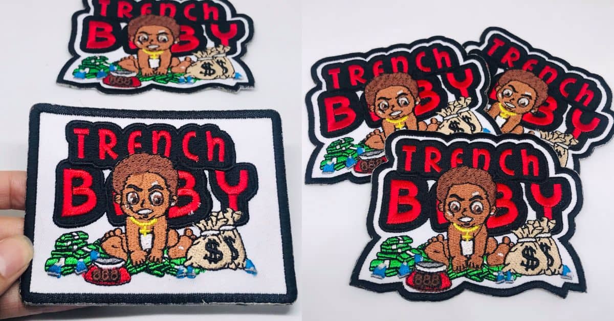 edge to edge comparison of hot cut die cut border on right side for an embroidery trench baby money bag patch and human hand grips frame shaped logo of same design black embordered hot knife cut trimmed on white cotton twill fabric 