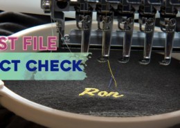 needles of an embroidery machine punching logo in frame over black fabric for patches; showing blog title on the left center about myth busting about what is dst file and fact check details