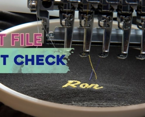 needles of an embroidery machine punching logo in frame over black fabric for patches; showing blog title on the left center about myth busting about what is dst file and fact check details