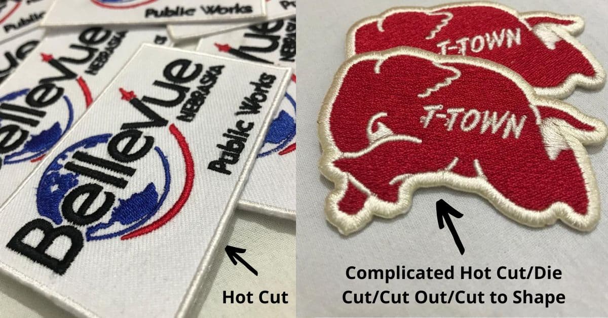 a side by side of two embroidery patches show difference between hot cut and complicated hot cut aka cut out, aka die cut aka cut to shape