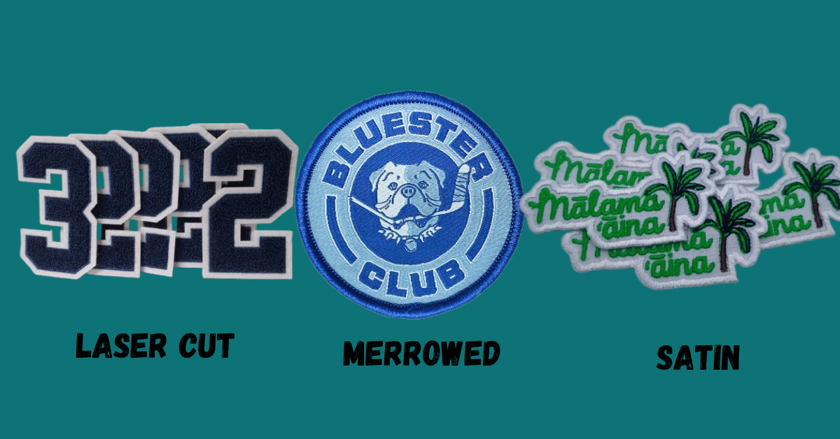 3 different kinds of patch styles for shapes/edges/borders in one frame on a dark cyan background to define difference 