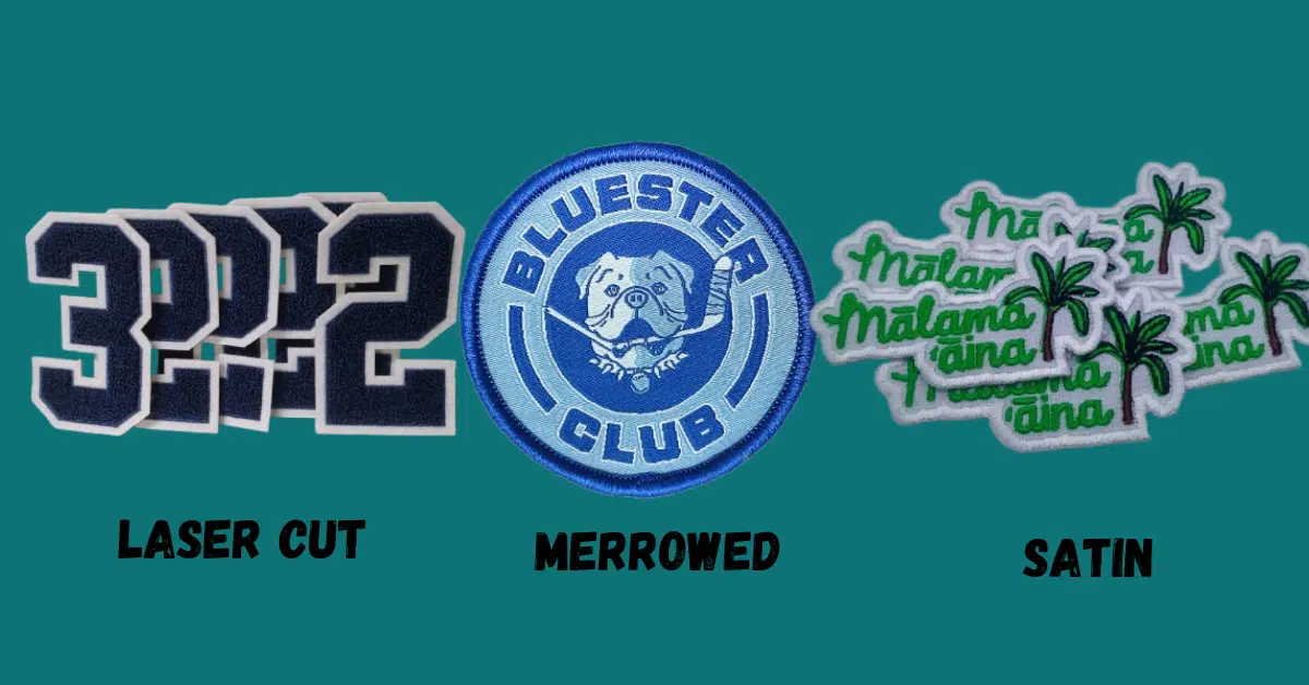 3 different kinds of patch styles for shapes/edges/borders in one frame on a dark cyan background to define difference