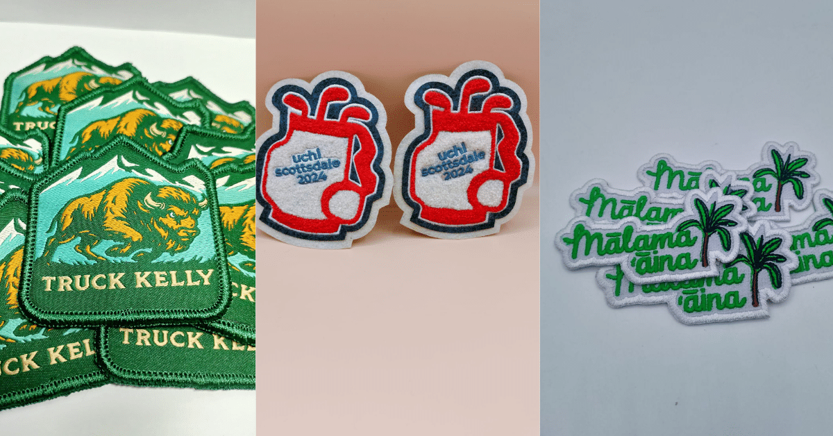 Left to right, beautiful small size TRUCK KELLY logo in woven with merrowed border patches spread over; center one shows golf bags in glowing red chenille and laser cut on cream felt, right frams shows die cut embroidered boarder patches on white studio background