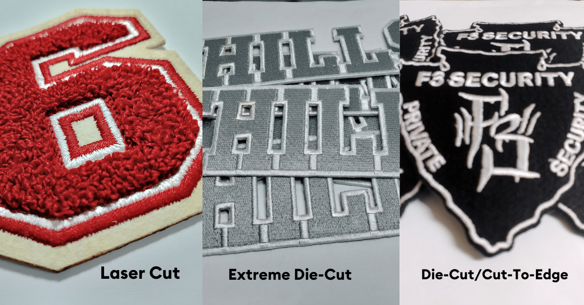 left to right first frame shows red fluffy chenille embroidered number 5 on tan felt laser cut; center frams shows hot cut silver embroidered letters with white embroidered trim border and the right one with die-cut security badge on black cotton twill and white embroidery custom patches