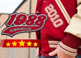 side pose of man wearing red letterman jacket hand inside jean pocket right side, left part of featured images shows a big chenille patches and five star rating