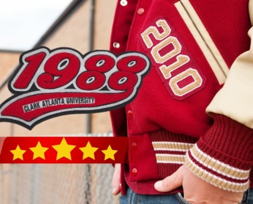 side pose of man wearing red letterman jacket hand inside jean pocket right side, left part of featured images shows a big chenille patches and five star rating