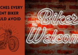 a red distorted wall shows right side text saying BIKERS WELCOME and red background on 1/3 part reads blog title 10 PATCHES EVERY DECENT BIKER SHOULD AVOID with a harley davidson in bottom