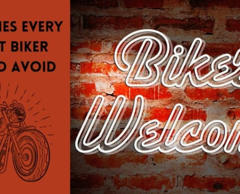 a red distorted wall shows right side text saying BIKERS WELCOME and red background on 1/3 part reads blog title 10 PATCHES EVERY DECENT BIKER SHOULD AVOID with a harley davidson in bottom