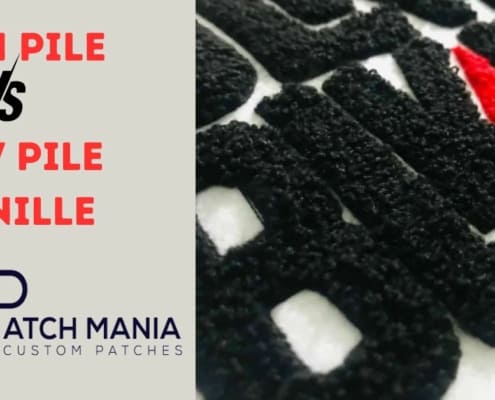 right side shows high raised pile chenille embroidered patch; left size written blog title with logo of patches mania in bottom