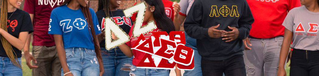 a group of sorority students in college wearing custom clothing with greek letter patches on it