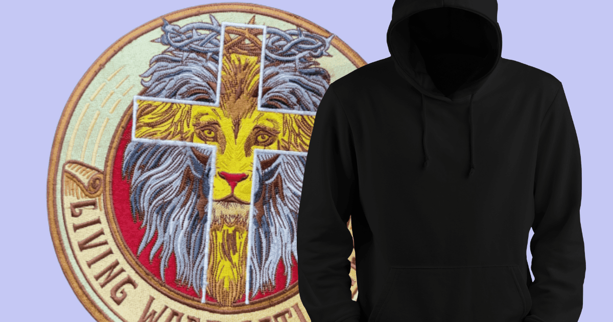 black blank hoody with sleeves edge inside pocket on the left side and big embroidered lion face cross's LIVING WORD ACTIVITY patch on the left bahind