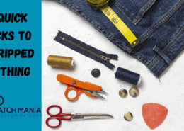 a jean, measuring tap, zip, sewing thread, scissors, and tailoring stuff on the right side of 80% featured sized image and cyan background on the 20 percent left reads blog title 10 QUICK HACKS TO FIX RIPPED CLOTHING with an official logo of PATCHES MANIA bottom left