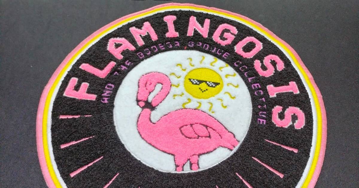 flamingo custom size chenille round big patch running under machine at patch mania factory