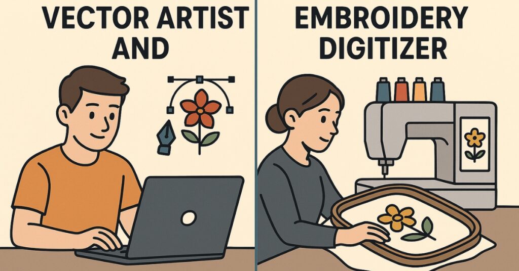 left side frame show vector artist, drawing, sketching on his laptop, right side frame shows lady stitching with sewing machine flower patches