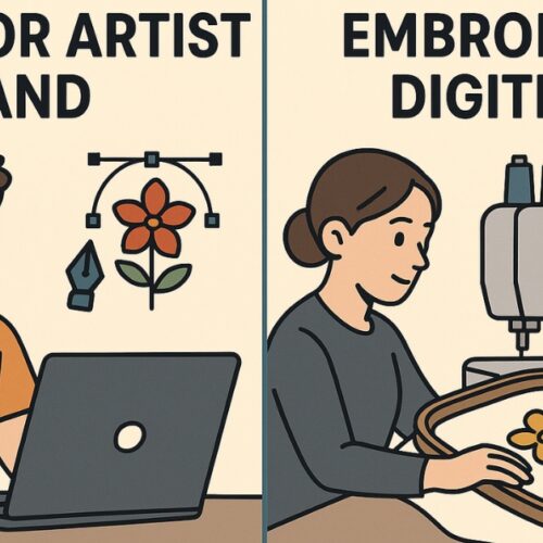 left side frame show vector artist, drawing, sketching on his laptop, right side frame shows lady stitching with sewing machine flower patches
